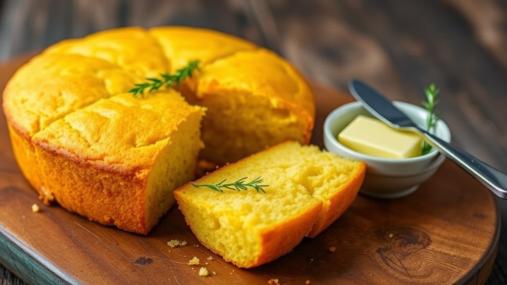 Classic Southern Cornbread Recipe Golden cornbread slices on a wooden table with butter and herbs.
